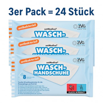 ZVG zetMedica Feuchte Waschhandschuhe, 3er PACK , Parfümfrei, pH-neutral, 24 Stück, Einzeln Verpackt, Gebrauchsfertig (ANTIBAKTERIELL, 3er Pack)