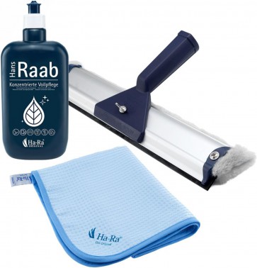Ha-Ra Fenster-Putz-Reinigungsset I Fensterwischer 32cm I Konzentrierte Vollpflege 500ml I Microfaser Hammer Tuch 68x50cm I Fensterputz Set