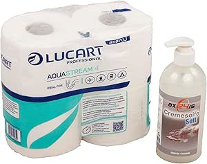 Axis Line Set - LUCART AQUASTREAM - Selbstauflösendes Toilettenpapier + flüssigseife Cremeseife Soft 500ml (1 Pack a 4 Rollen)