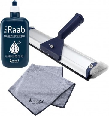 Ha-Ra Fenster-Putz-Set ein Team I Fensterwischer 32cm I Konzentrierte Vollpflege 500ml I Microfaser Star Tuch anthrazit 38x38cm I Fenster Reinigungsset