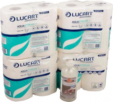 Axis Line Set - LUCART AQUASTREAM - Selbstauflösendes Toilettenpapier + flüssigseife Cremeseife Soft 500ml (4 Pack a 4 Rollen)
