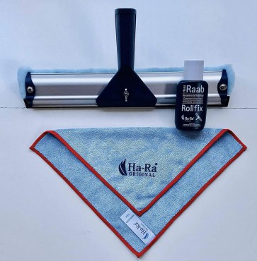 Ha-Ra Fenster-Putz-Starterset I Fensterwischer 32cm I Praktischer Rollfix 75 ml gefüllt mit konzentrierter Vollpflege I Mini Star-Tuch Microfaser 25x25cm I Fenster Reinigungsset