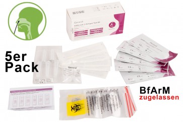1 x 5er Corona Schnelltest (auch Omikron) Genrui Biotech Inc SARS-CoV-2 Nasentest mit Stäbchen zugelassen BfArm und CE zertifiziert und Zertifikat 