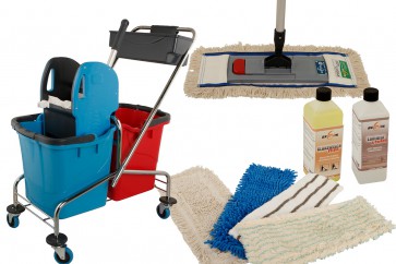Axis Line Wischmop Komplettset mit Doppelfahrwagen Reinigungswagen 25 Liter Chrom und Ersatzmöppe und 2 x Profi Reinigungsmittel 50cm breite