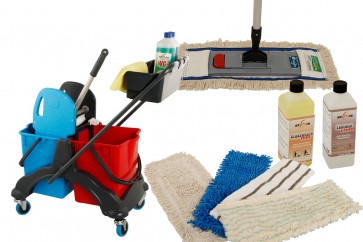 Axis Line Wischmop Komplettset mit Doppelfahrwagen Reinigungswagen 17 Liter Kunststoff und Ersatzmöppe und 2 x Profi Reinigungsmittel 50cm breite