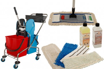 Axis Line Wischmop Komplettset mit Doppelfahrwagen Reinigungswagen 17 Liter Chrom und Ersatzmöppe und 2 x Profi Reinigungsmittel 50cm breite
