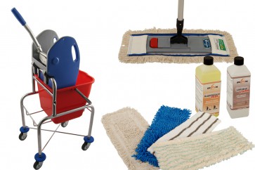 Axis Line Wischmop Komplettset mit Einfachfahrwagen extra hoch 17 Liter und Ersatzmöppe und 2 x Profi Reinigungsmittel 50 cm breit
