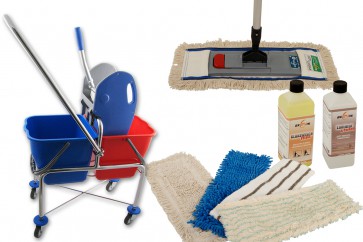 Axis Line Wischmop Komplettset mit Doppelfahrwagen extra hoch und Ersatzmöppe und 2 x Profi Reinigungsmittel 50cm breit