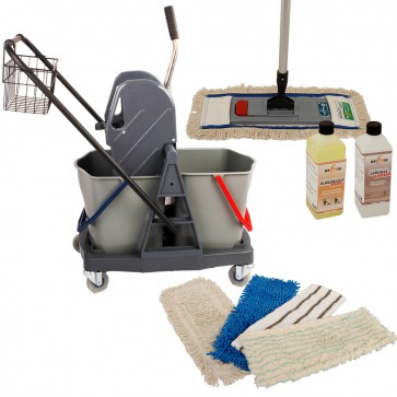 Axis Line Wischmop Komplettset mit Doppelfahrwagen Reinigungswagen 17 Liter Kunststoff und Ersatzmöppe und 2 x Profi Reinigungsmittel 40cm breite