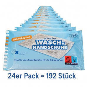 ZVG zetMedica Feuchte Waschhandschuhe, 24er PACK , Parfümfrei, pH-neutral, 192 Stück, Einzeln Verpackt, Gebrauchsfertig (ANTIBAKTERIELL, 24er Pack)