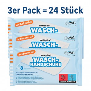 ZVG zetMedica Feuchte Waschhandschuhe, 3er PACK , Parfümfrei, pH-neutral, 24 Stück, Einzeln Verpackt, Gebrauchsfertig (ANTIBAKTERIELL, 3er Pack)