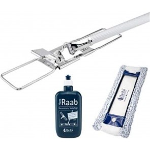 Ha-Ra Set Bodenexpress 42 cm aus Edelstahl mit Mach 6 Bodenfaser & 500 ml Konzentrierte Vollpflege I Universalreiniger I robuster & wendiger Wischmop mit rutschfestem Griff & teilbarem Stiel
