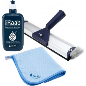 Ha-Ra Fenster-Putz-Reinigungsset I Fensterwischer 32cm I Konzentrierte Vollpflege 500ml I Microfaser Hammer Tuch 68x50cm I Fensterputz Set