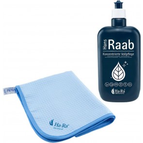 Ha-Ra Fenster-Putz-Set I Konzentrierte Vollpflege 500 ml I Hammer Microfaser-Tuch in 50 x 67 cm I Fenster Reinigungsset I Vollpflege-Konzentrat & Microfaser-Putztuch I Fensterputz-Zubehör