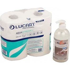 Axis Line Set - LUCART AQUASTREAM - Selbstauflösendes Toilettenpapier + flüssigseife Cremeseife Soft 500ml (1 Pack a 4 Rollen)