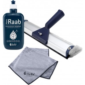 Ha-Ra Fenster-Putz-Set ein Team I Fensterwischer 32cm I Konzentrierte Vollpflege 500ml I Microfaser Star Tuch anthrazit 38x38cm I Fenster Reinigungsset