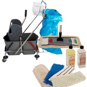 Axis Line Wischmop Komplettset mit Doppelfahreimer Chrom 2x17 Liter mit Müllsackhalter und Ersatzmöppe und 2 x Profi Reinigungsmittel 50cm breit