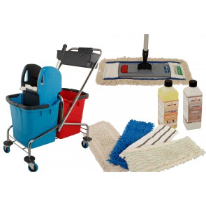 Axis Line Wischmop Komplettset mit Doppelfahrwagen Reinigungswagen 25 Liter Chrom und Ersatzmöppe und 2 x Profi Reinigungsmittel 50cm breite