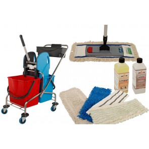Axis Line Wischmop Komplettset mit Doppelfahrwagen Reinigungswagen 17 Liter Chrom und Ersatzmöppe und 2 x Profi Reinigungsmittel 40cm breite