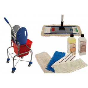 Axis Line Wischmop Komplettset mit Einfachfahrwagen extra hoch 17 Liter und Ersatzmöppe und 2 x Profi Reinigungsmittel 50 cm breit