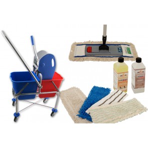 Axis Line Wischmop Komplettset mit Doppelfahrwagen extra hoch und Ersatzmöppe und 2 x Profi Reinigungsmittel 50cm breit
