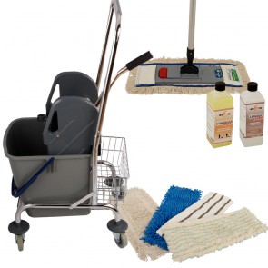 Axis Line Wischmop Komplettset mit Einfachfahreimer Chrom 27 l - Platzwunder  und Ersatzmöppe und 2 x Profi Reinigungsmittel 50cm breit