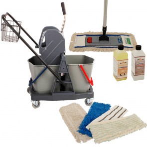 Axis Line Wischmop Komplettset mit Doppelfahrwagen Reinigungswagen 17 Liter Kunststoff und Ersatzmöppe und 2 x Profi Reinigungsmittel 50cm breite