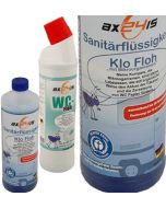 Klo Floh | Klo Floh und WC Floh als Set | Sanitärflüssigkeit für Camping WC mit Mikroorganismen | zwei Flaschen | hat den blauen Engel | riecht gut