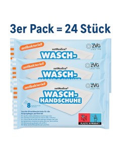 zetMedica Feuchte Einmal-Waschhandschuhe, 3er Pack (3 x 8 Stück) – Gebrauchsfertig, pH-neutral, parfümfrei