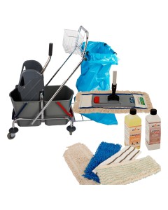 Axis Line Wischmop Komplettset mit Doppelfahreimer Chrom 2x17 Liter mit Müllsackhalter und Ersatzmöppe und 2 x Profi Reinigungsmittel 50 cm breit