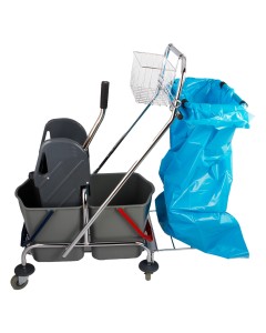 Axis Line Profi Doppelfahreimer Chrom 2 x 17 Liter – Reinigungswagen mit Müllsackhalter, Mop-Presse & Ablagekorb für gewerbliche Nutzung