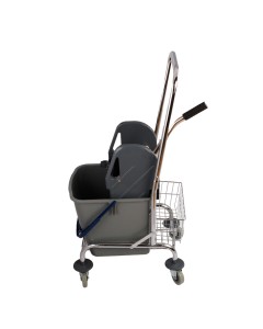 Axis Line Wischeimer fahrbar mit Presse – Einfachfahreimer Chrom 27 Liter, abnehmbarer Bügel, Ablagekorb, Mop-Presse, Reinigungswagen mit Rollen