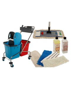 Axis Line Wischmop Komplettset mit Doppelfahrwagen Reinigungswagen 25 Liter Chrom und Ersatzmöppe und 2 x Profi Reinigungsmittel 50 cm Breite