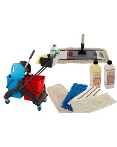 Axis Line Wischmopp Komplettset 10-teilig – Bodenwischer 40 cm, Doppelfahrwagen 2x17 L, Presse, 5 Ersatzmöppe & Reinigungsmittel