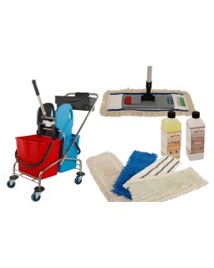 Axis Line Wischmop Komplettset mit Doppelfahrwagen Reinigungswagen 17 Liter Chrom und Ersatzmöppe und 2 x Profi Reinigungsmittel 50 cm Breite