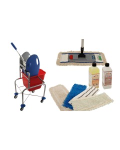 Axis Line Wischmop Komplettset mit Einfachfahrwagen extra hoch 17 Liter und Ersatzmöppe und 2 x Profi Reinigungsmittel 50 cm breit